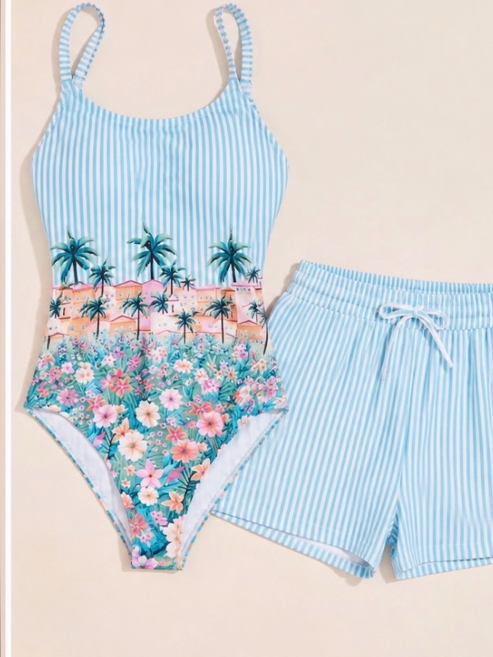 La Vie en Rose COASTAL VILLAGE Cross Back One Piece Swimsuit & Short set -Size L